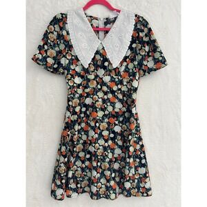 Love + Harmony Floral Mini Dress Orange Navy Blue Eyelet Collar LH11258 Womens S